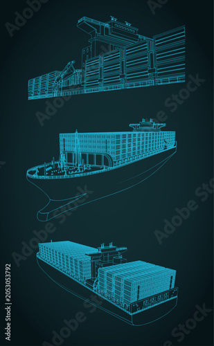 Foto Cargo container ship technical drawing blueprint vector set
