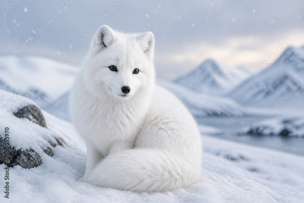Fototapeta premium Arctic fox sitting on snowy tundra near distant mountains