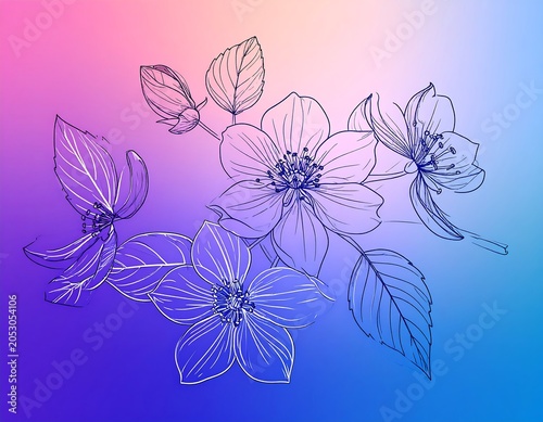 Delicate botanical illustration featuring blossoms and foliage outlined in navy against a gradient background
