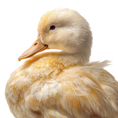 PNG of Close-up of a fluffy white duck with subtle golden hues, showcasing its soft feathers.