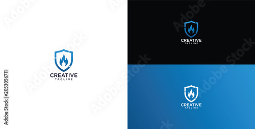 Foto Minimalist Shield and Fire Flame Logo Symbol for Security and Fire Protection Bu