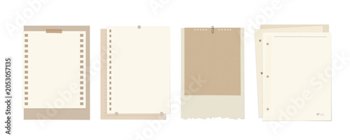 Set of vector illustrations with note paper, sheets with perforations, torn edges, paper clips