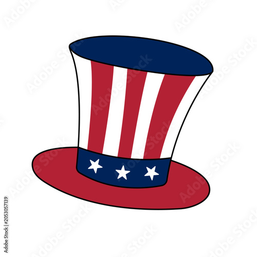 American hat vector illustration. Classic striped Uncle Sam top hat with stars. Traditional symbol of the USA, United States, July 4 Independence Day celebration. Isolated design element