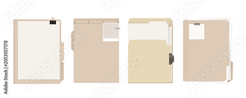 Set of folder templates with paper and paper clips for document or presentation design. Folders with tabs, paper clips and attached notes.     