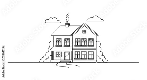 Modern house, residential building, home illustration, line art architecture
