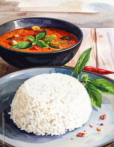 Deep red thai curry with coconut milk and fresh basil is served in a dark ceramic bowl with jasmine rice.