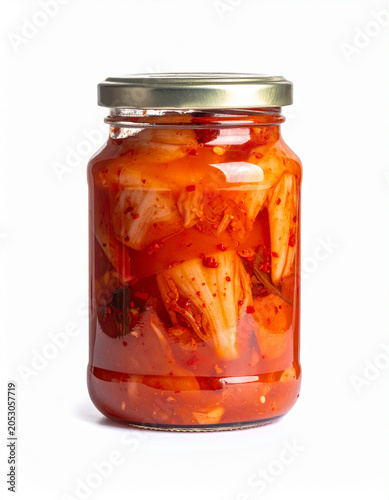 Fermented kimchi in a glass jar displays vibrant red chili flakes and textured cabbage leaves against a neutral background.