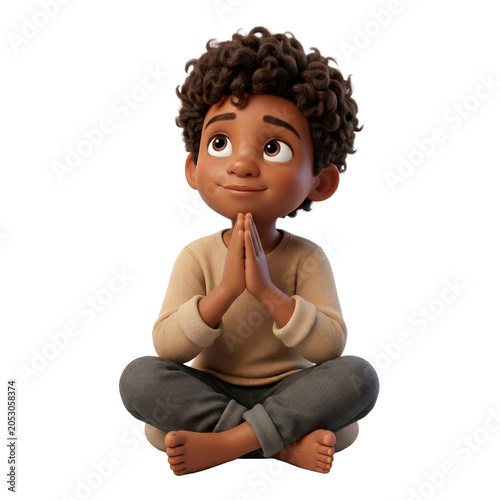 Young Black boy with curly hair sitting and praying on a transparent background PNG file