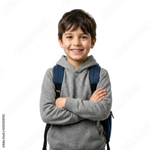 Happy young boy with a backpack on a transparent background PNG file
