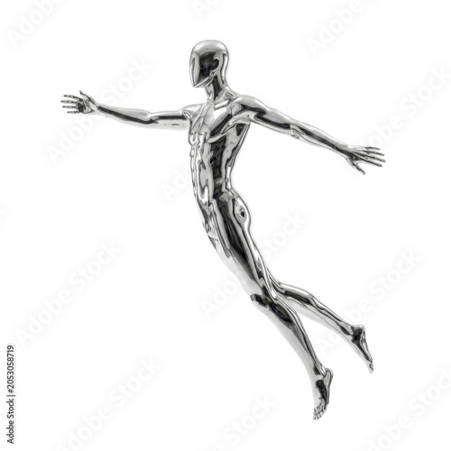 Metallic chrome human mannequin figure in flying pose on a transparent background PNG file
