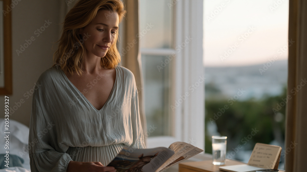 Fototapeta premium Woman in her late forties stands at an open window in a quiet bedroom fanning herself with a magazine, a glass of water and a notebook with symptom tracking entries on the