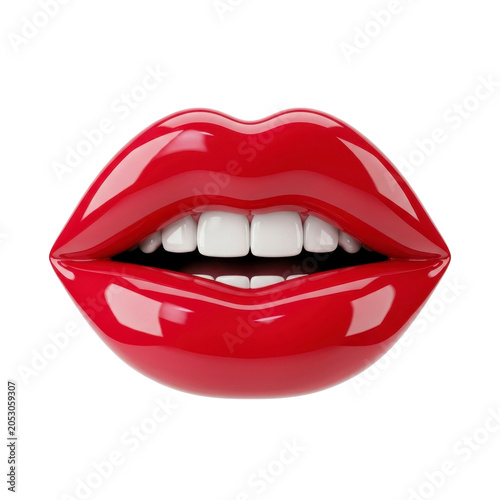 Glossy red lips with white teeth on a transparent background PNG file