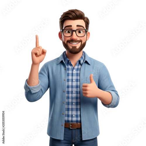 Smiling man with beard and glasses pointing finger up and showing thumbs up on a transparent background PNG file