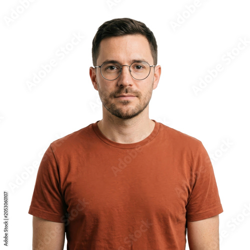 Man wearing eyeglasses in a brown t-shirt on a transparent background PNG image