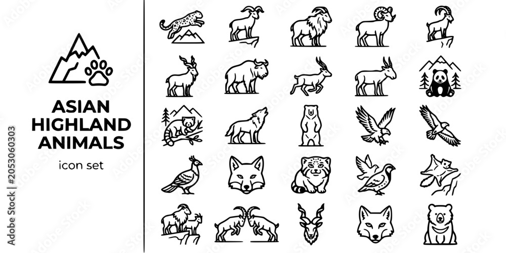 Fototapeta premium Asian Highland Mountain Animals Bold Line Icons-Snow Leopard Himalayan Bharal Tahr Argali Ibex Markhor Tibetan Antelope Saiga-25 Highland Wildlife Icon Set Vector