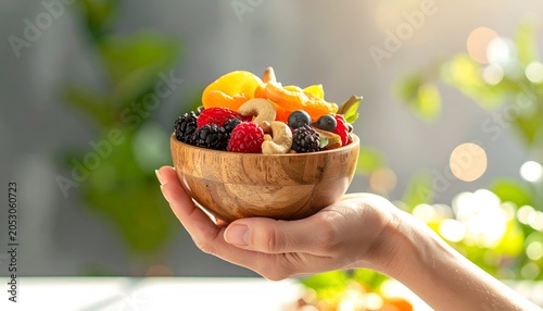 A hand holds a wooden bowl overflowing with vibrant fruit and nuts, against a green background