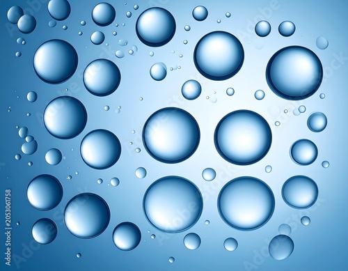Graphic with numerous transparent, spherical droplets of varying sizes, against a graduated blue backdrop. They reflect light creating highlights