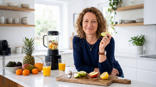 Woman making fruit juice in a bright kitchen with a blender and fresh fruit on the counter