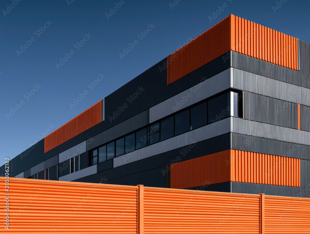 Fototapeta premium Modern angular building with corrugated orange and gray panels under blue sky