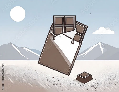 Illustration depicts a chocolate bar partially unwrapped, with a square piece falling, set against a backdrop of mountains and a stylized sun
