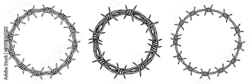 Fotografie Barbed wire circle frames and round borders set, hand drawn sketch for security