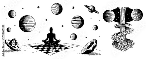 Photography Meditation in space on chessboard with planets, surreal cosmic yoga and spiritua