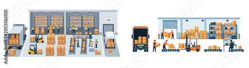 Obraz na płótnie Warehouse logistics and supply chain management with cargo trucks, forklifts, an