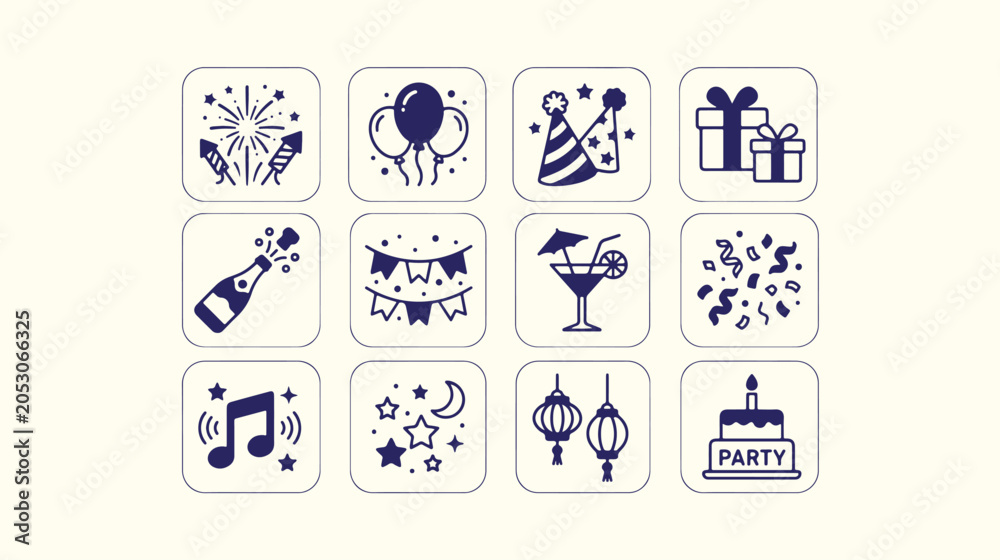 Fototapeta premium Set of party and celebration icons with fireworks, balloons, gifts and other symbols.