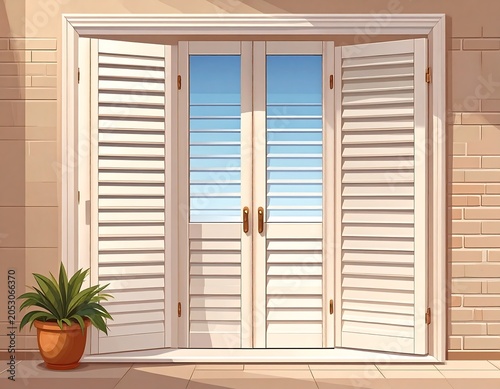 Illustration depicts a sunlit exterior scene featuring double doors with open, white louvered shutters and a potted plant