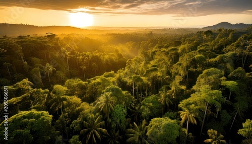Lush rainforest canopy bathed in golden light at sunrise, a vibrant natural landscape.