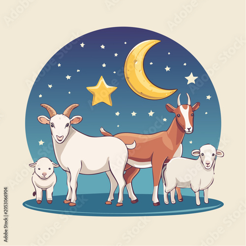 Goats and Sheep Under a Crescent Moon and Stars