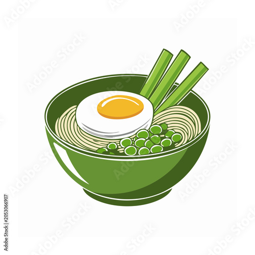 Green bowl of ramen with egg, noodles, peas and scallions