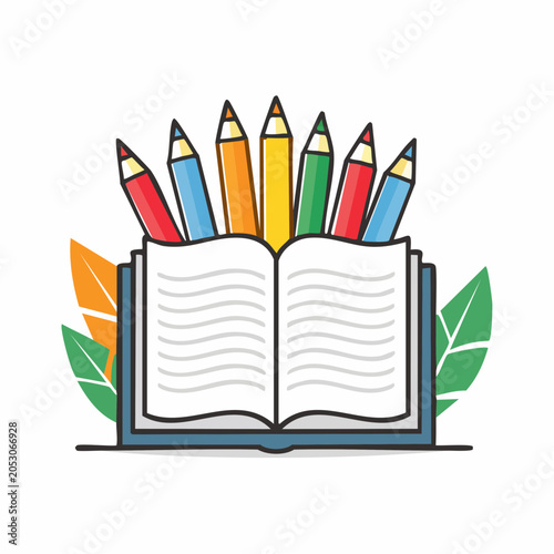Open Book with Colorful Pencils and Leaves