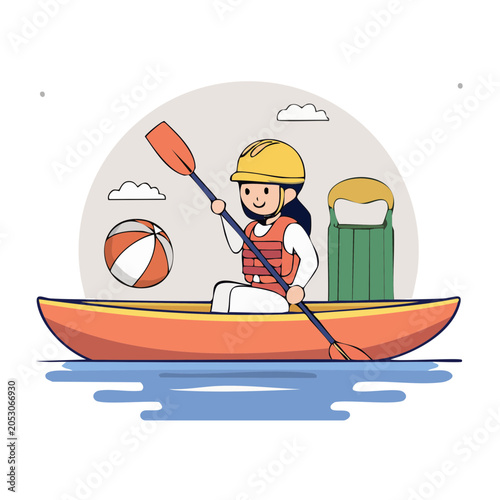 Person kayaking with paddle and beach ball