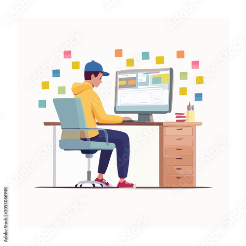 Person working on computer at desk, flat design illustration