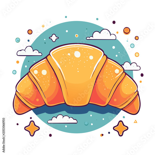 Stylized illustration of a croissant with clouds and stars