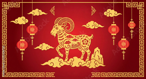 Chinese New Year, year of the goat. Chinese goat on a red background, with copy space 2027