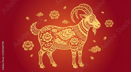 Chinese New Year, year of the goat. Chinese goat on a red background, with copy space 2027
