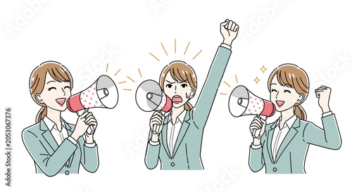 Photos Set of Professional Businesswoman Using Megaphone for Loud Announcements and Cor