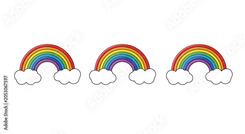 Fotografija Set of three vibrant rainbow arcs with soft white clouds, cute colorful weather