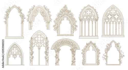 Foto Gothic arch vector set, ornate cathedral window frames with floral stone carving