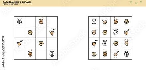 Safari Animals Picture Sudoku Puzzle for Kids Vector