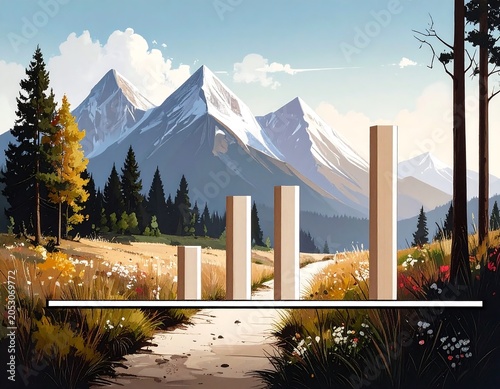Illustration features a path, bar graph, and majestic mountain range. Autumnal colors and natural elements dominate the landscape