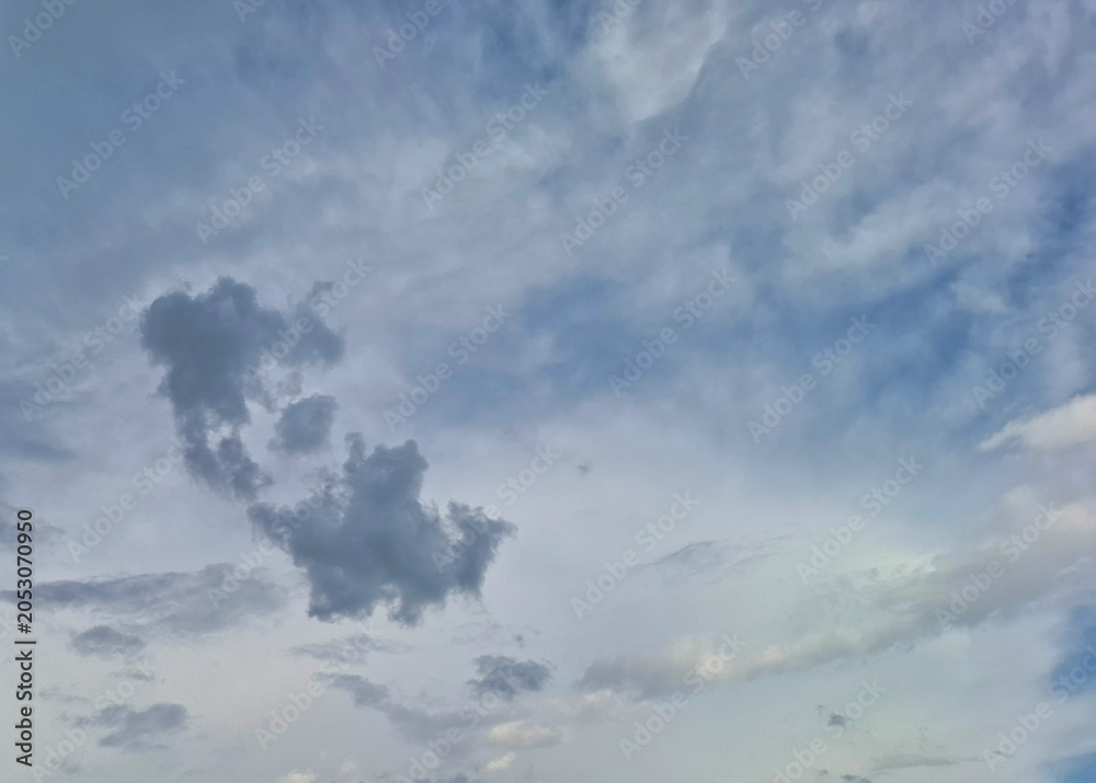 Obraz premium Moody cloudscape with wispy and textured clouds ​A dramatic sky featuring a blend of wispy, scattered clouds and a distinct, darker, dense cloud formation against a pale blue background.