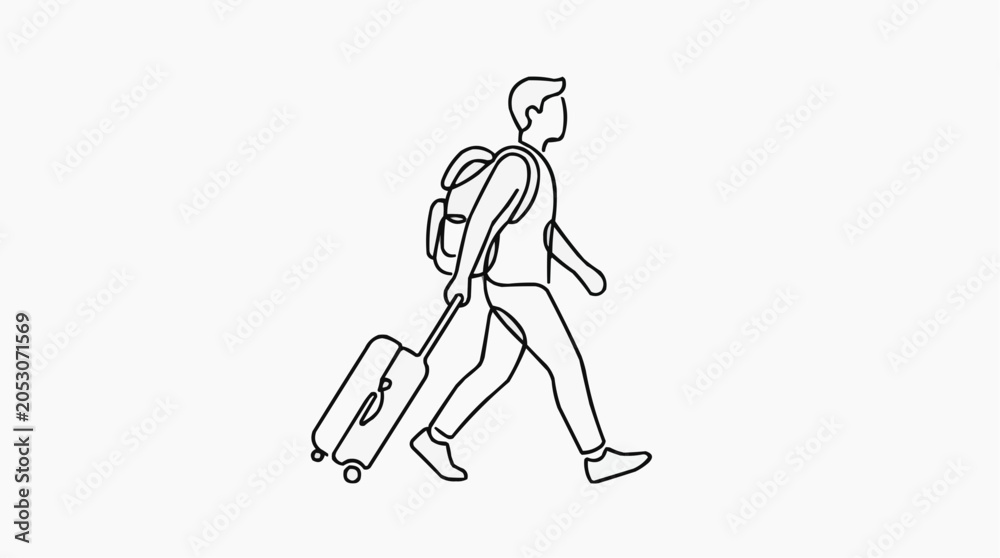 Obraz premium Traveler with Luggage: A stylized line drawing depicts a person with a backpack and rolling suitcase walking, embodying the spirit of travel and adventure.