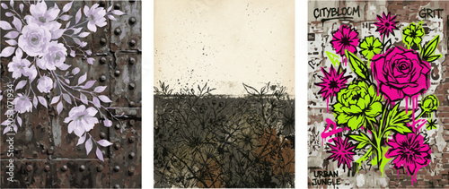 A Threepiece Set Where Industrial Texture Meets Botanical Softness And Neon Graffiti Flair