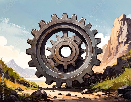 Illustration features a stylized, weathered metal gear set positioned outdoors with mountain and sky background