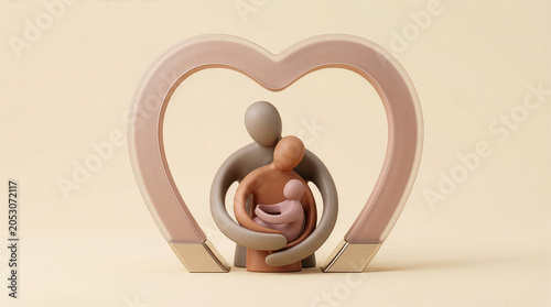 Abstract family figurine embracing inside heart frame on beige background