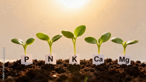 Five seedlings labeled with plant nutrients