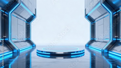 Futuristic room with glowing blue lights